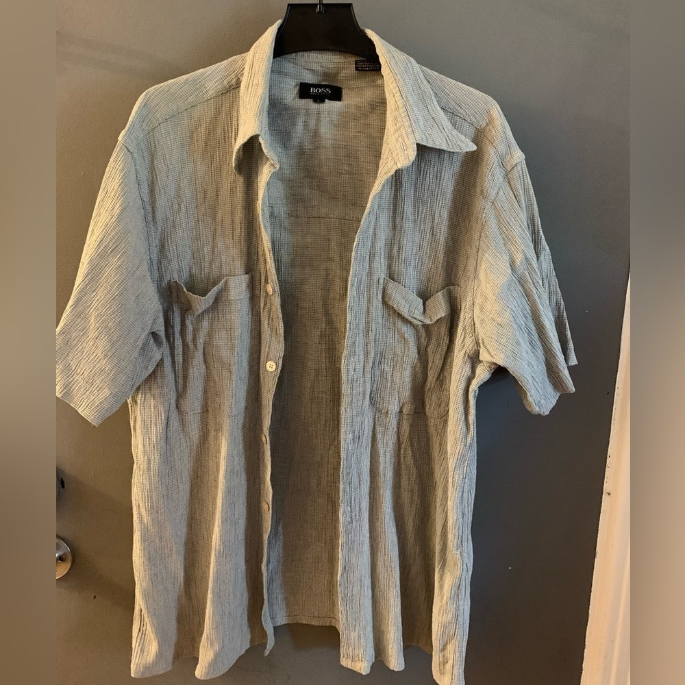 Vintage Hugo BOSS Light Gray Men's button up button down short sleeve shirt